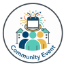 Community event logo: three people in front of two buildings and a blank calendar date