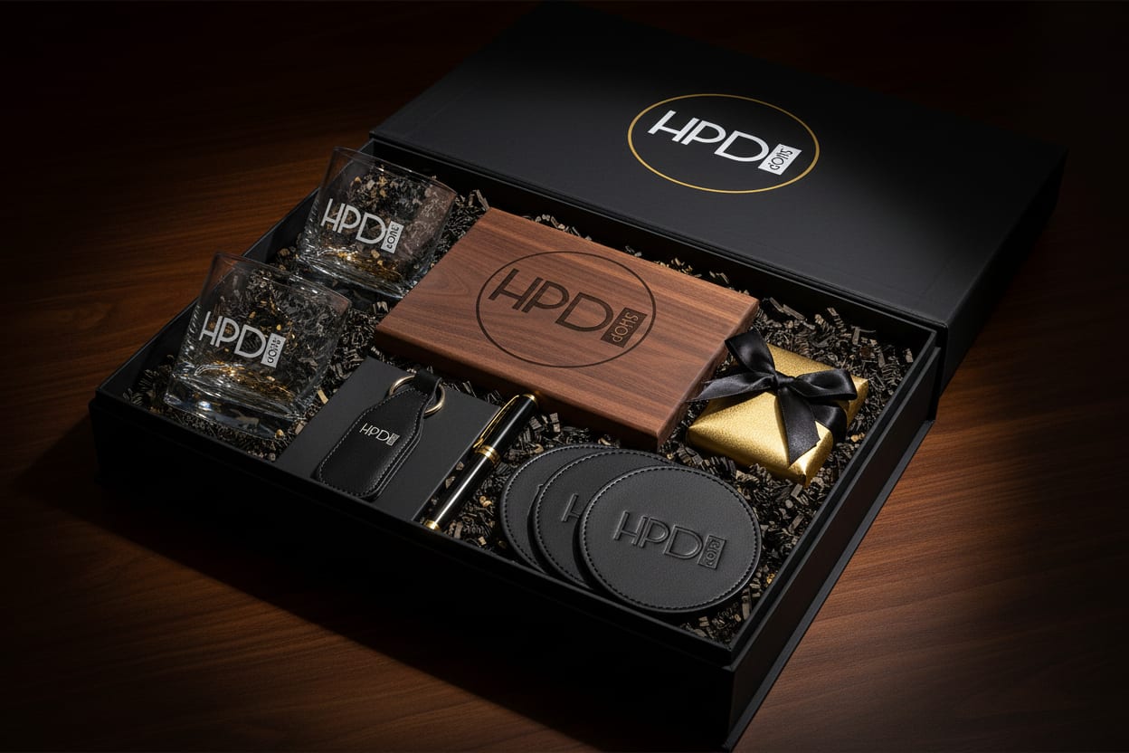HP Design Shop premium corporate gift box featuring laser-engraved wooden cutting board, black leather coasters, gold bottle
