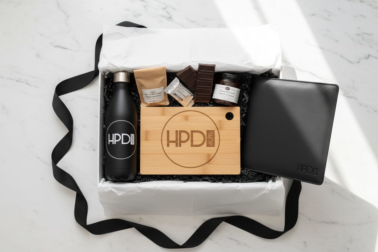 HP Design Shop premium corporate gift box featuring laser-engraved wooden cutting board, black leather coasters, gold bottle