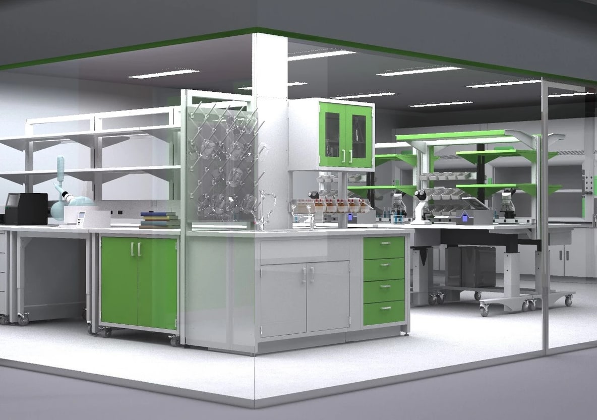 Lab Room with Lab Furniture. Green accents