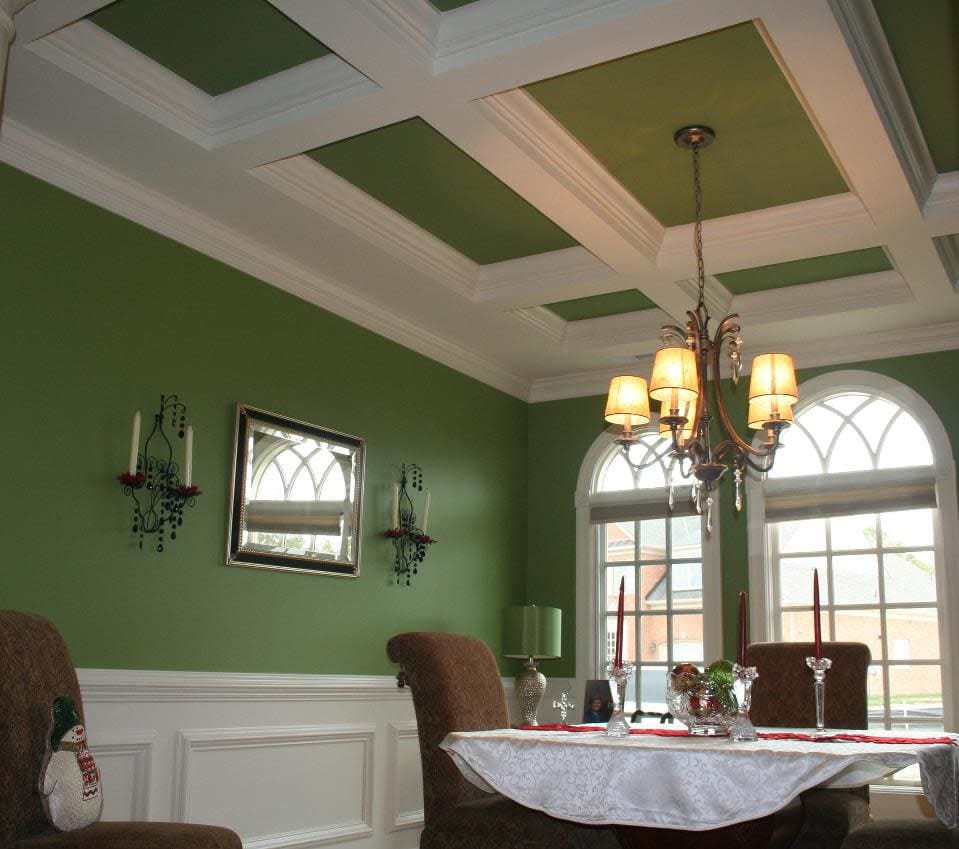 Coffered ceiling, green walls, green ceiling