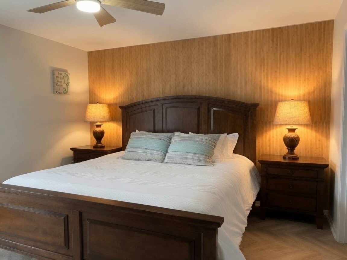 King bed with white linens in the master bedroom at Coastal Dreams, St. Augustine Beach.