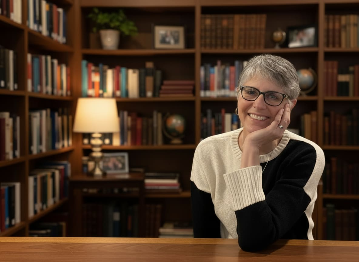 Stacey Freed, a writer, at a desk in a library
