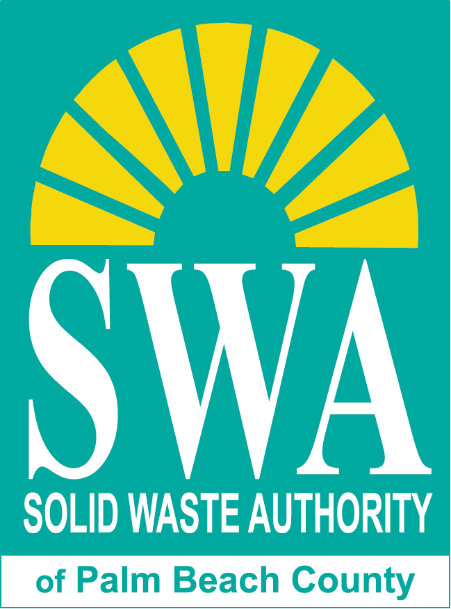 a teal rectangle with yellow starburst in a half-circle above SWA then solid waste authority of palm beach county in white