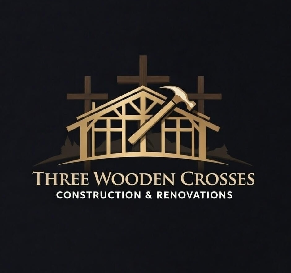 Three Wooden Crosses Construction logo featuring a house frame with a hammer and three crosses, representing residential remo
