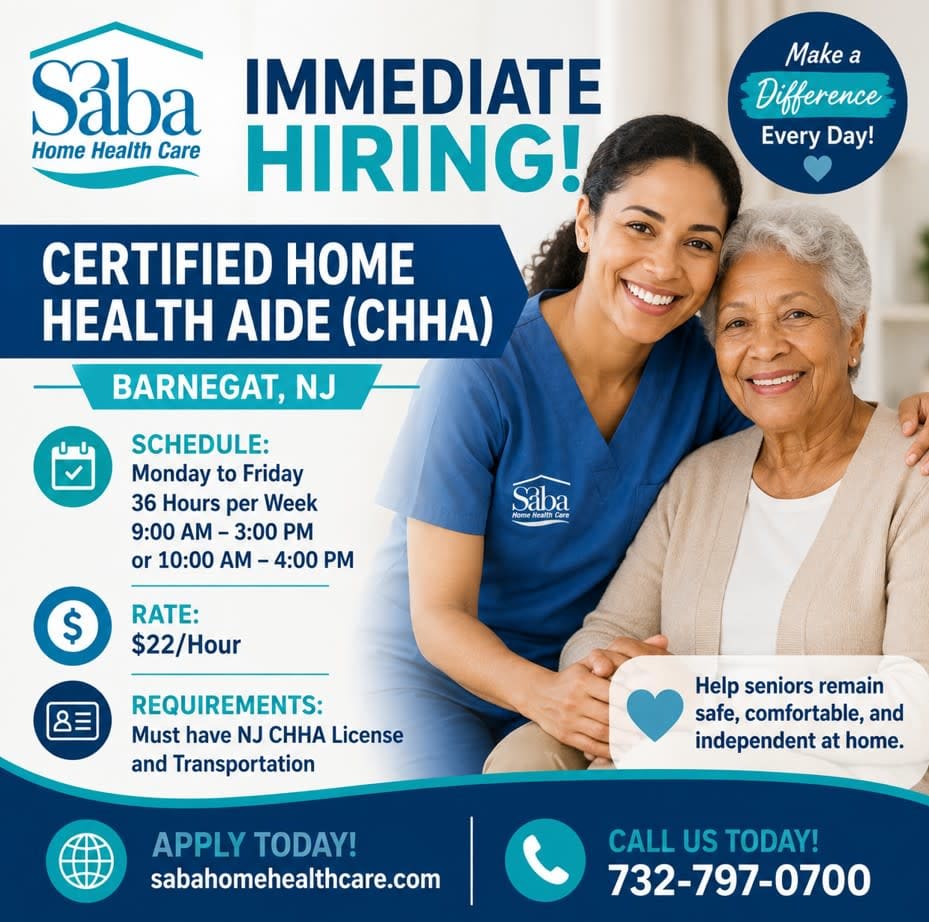 hiring immediately for a Certified Home Health Aide (CHHA) in Barnegat, New Jersey.