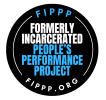 Formerly Incarcerated People's Performance Project - Circular logo in white and light blueberry blue on a black background.