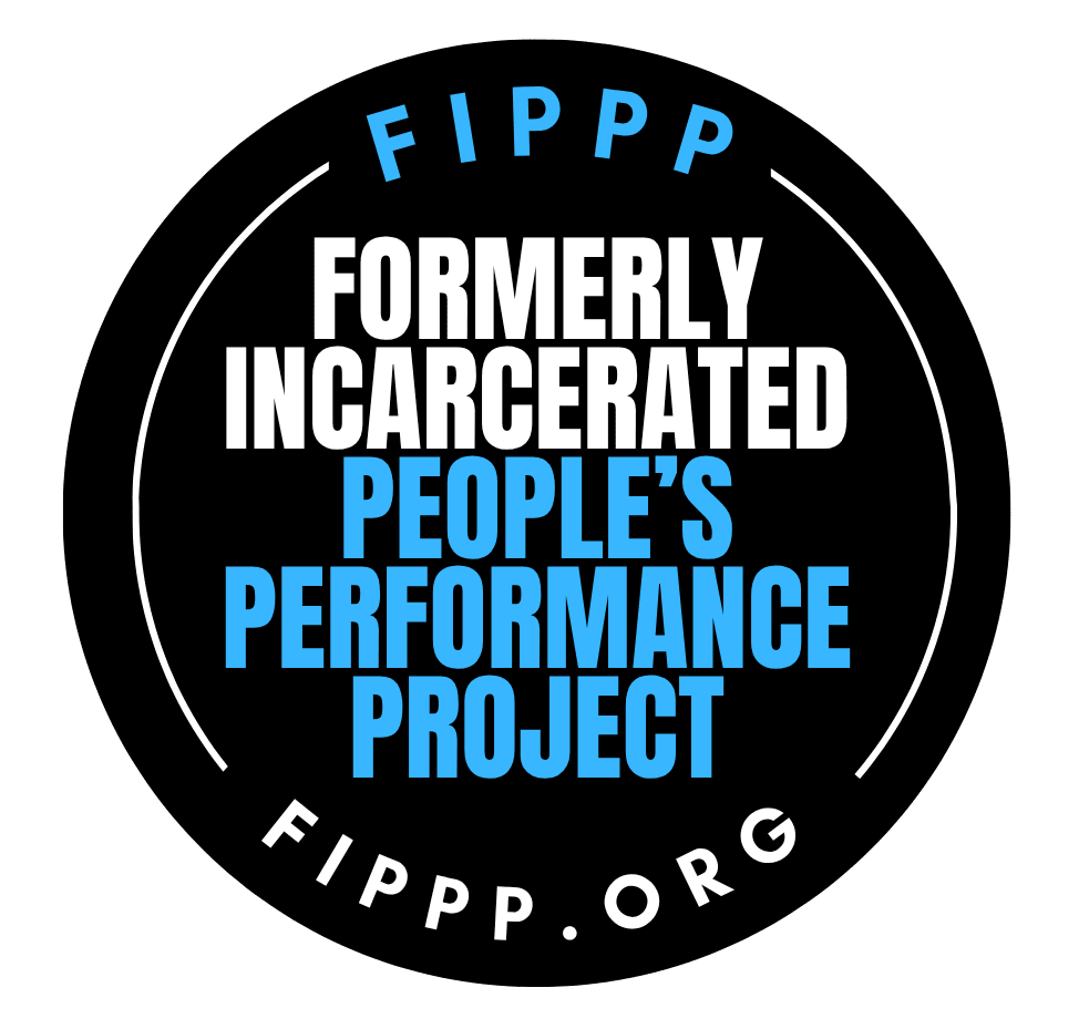 Formerly Incarcerated People's Performance Project - Circular logo in white and light blueberry blue on a black background.