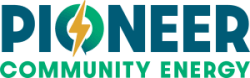 Pioneer Community Energy logo: teal, green with a yellow lightning bolt through the "o"