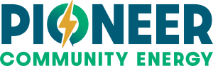 Pioneer Community Energy logo: teal, green with a yellow lightning bolt through the "o"