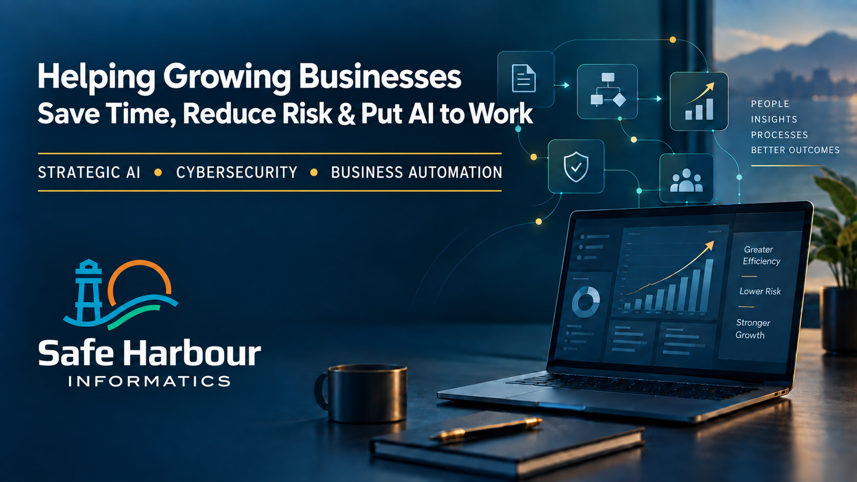 Safe Harbour Informatics banner featuring a business growth dashboard and the message, “Helping Growing Businesses Save Time,