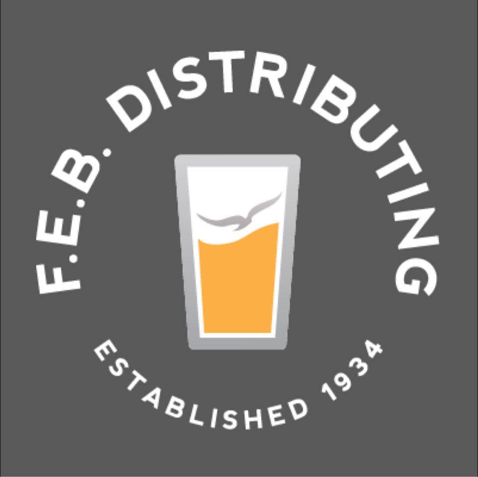 F.E.B. Distributing Established 1934 - words in a circle around a glass of beer
