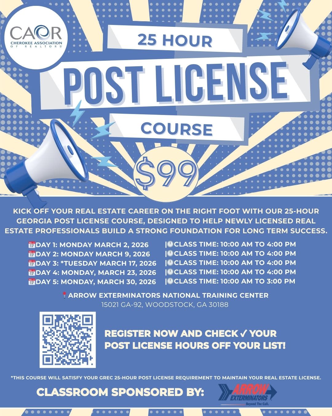 Course info with blue dotted background and off white stripes and megaphones