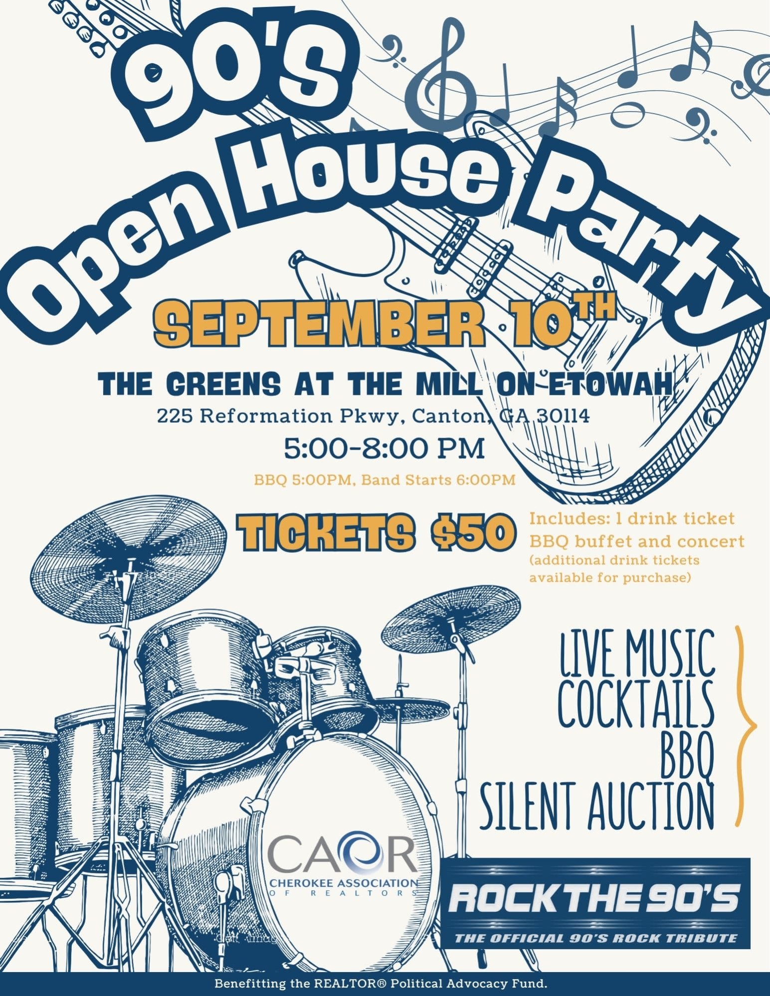 Guitar, Drums and music notes on an event flyer