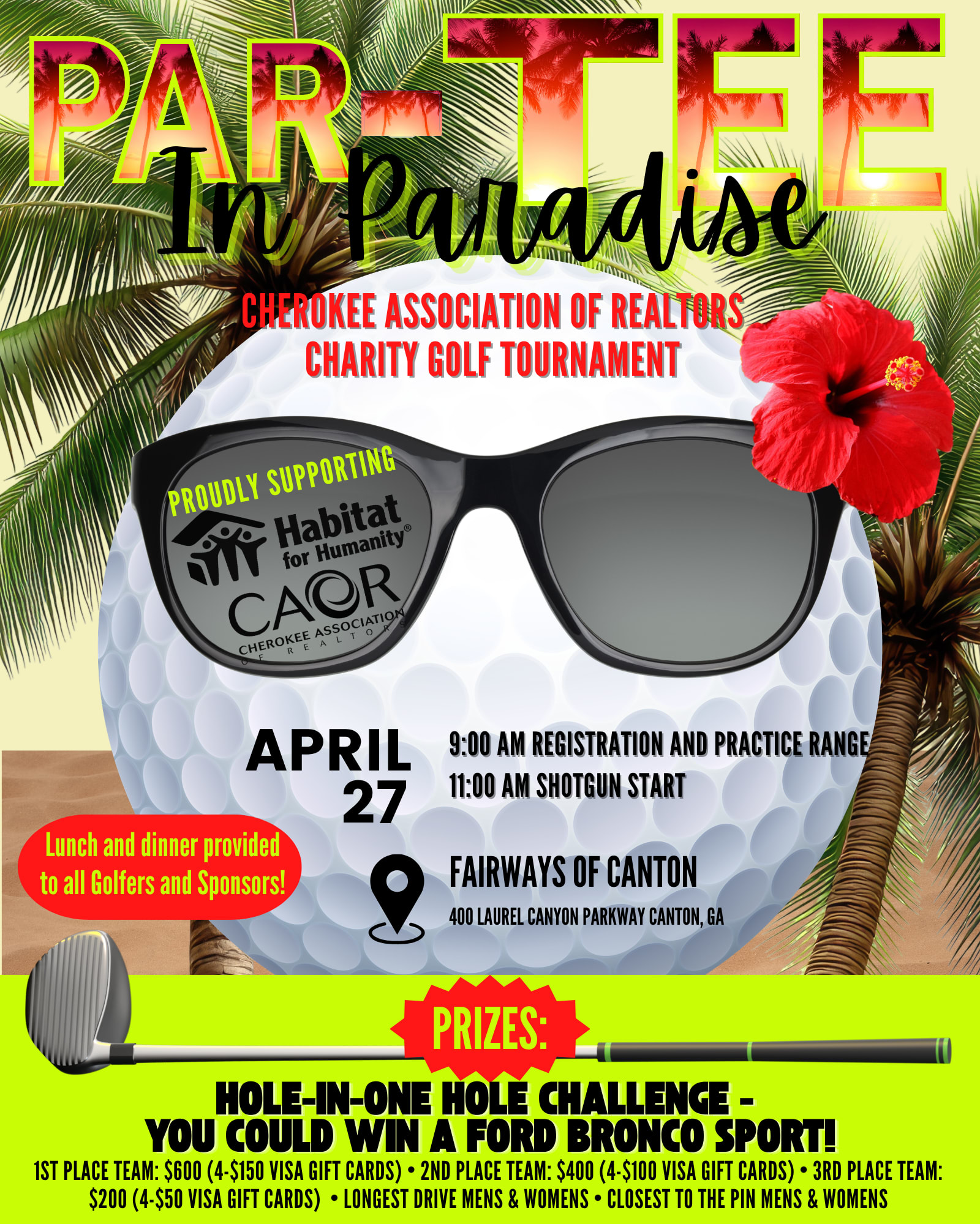 Flyer with palm trees and a golf ball wearing sunglasses