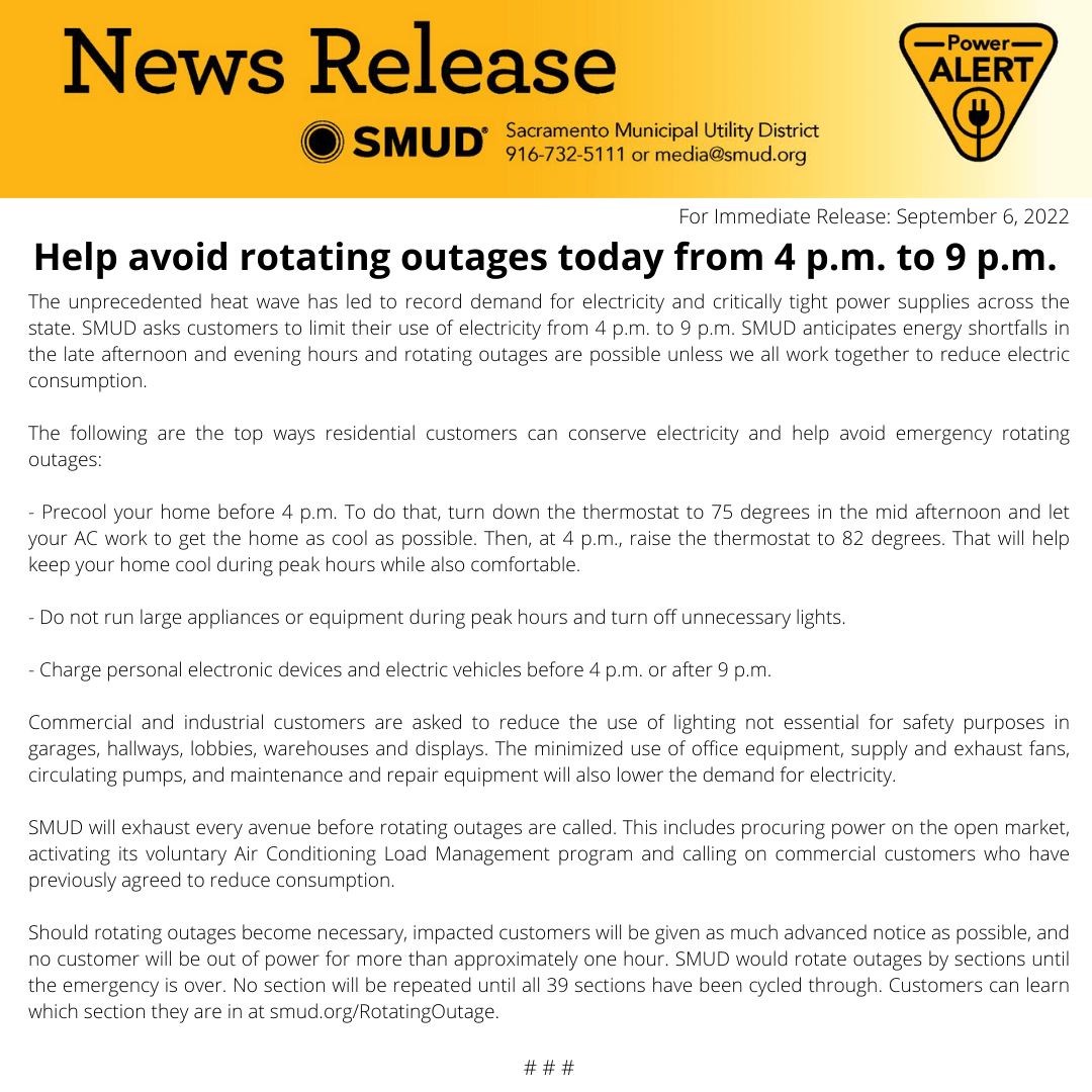 Urgent Press Release from SMUD - 09/06/2022 - Conserve power from 4pm to 9pm today to help avoid rotating power outages