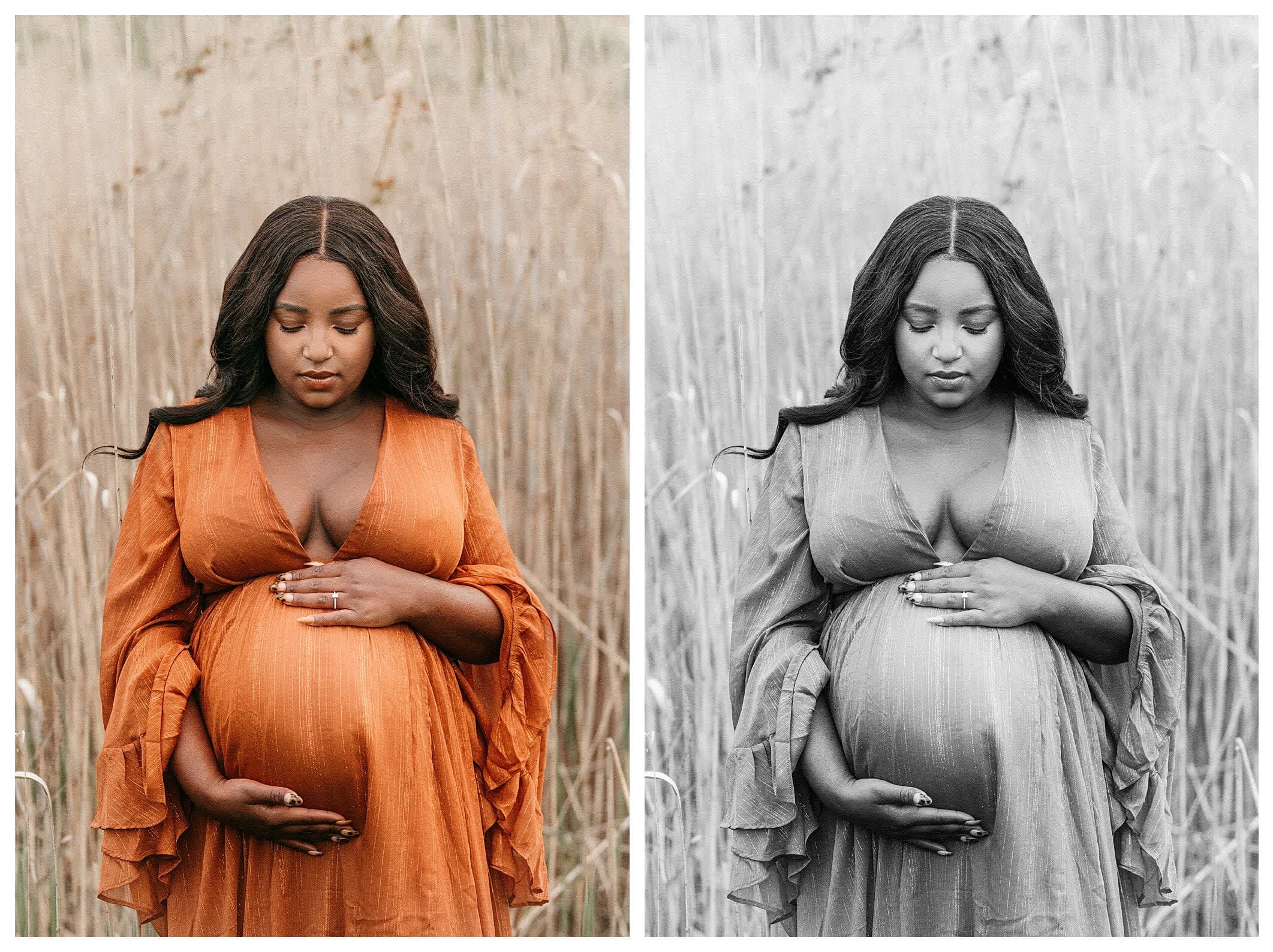 Stunning pregnant African American mother holding belly in a beautiful dress outdoors in NJ