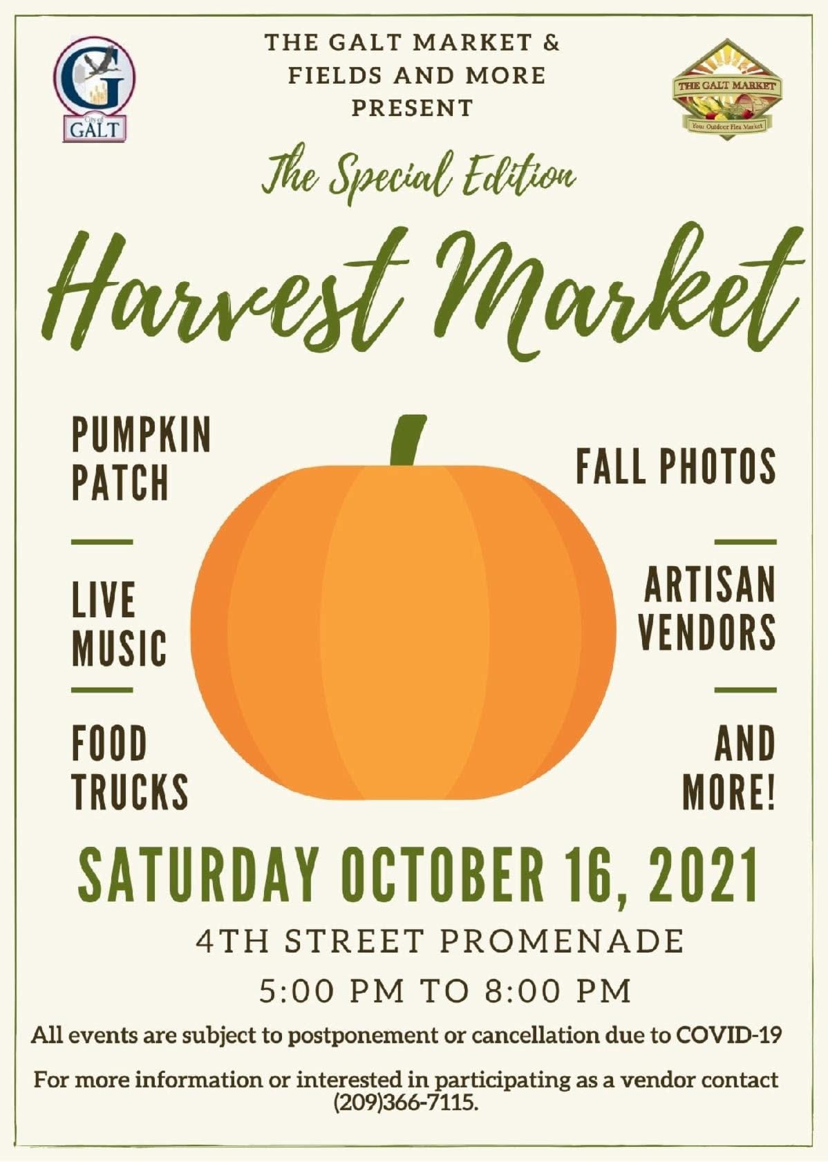 The Special Edition Harvest Market, Sat., 10/16/21, 5-8 pm, 4th St Promenade, pumpkin patch, live music, food trucks, & more