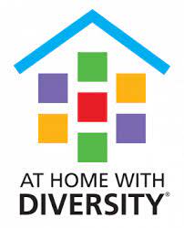 At Home With Diversity Logo. Blue roof over multi-color squares and the text "At Home With Diversity below