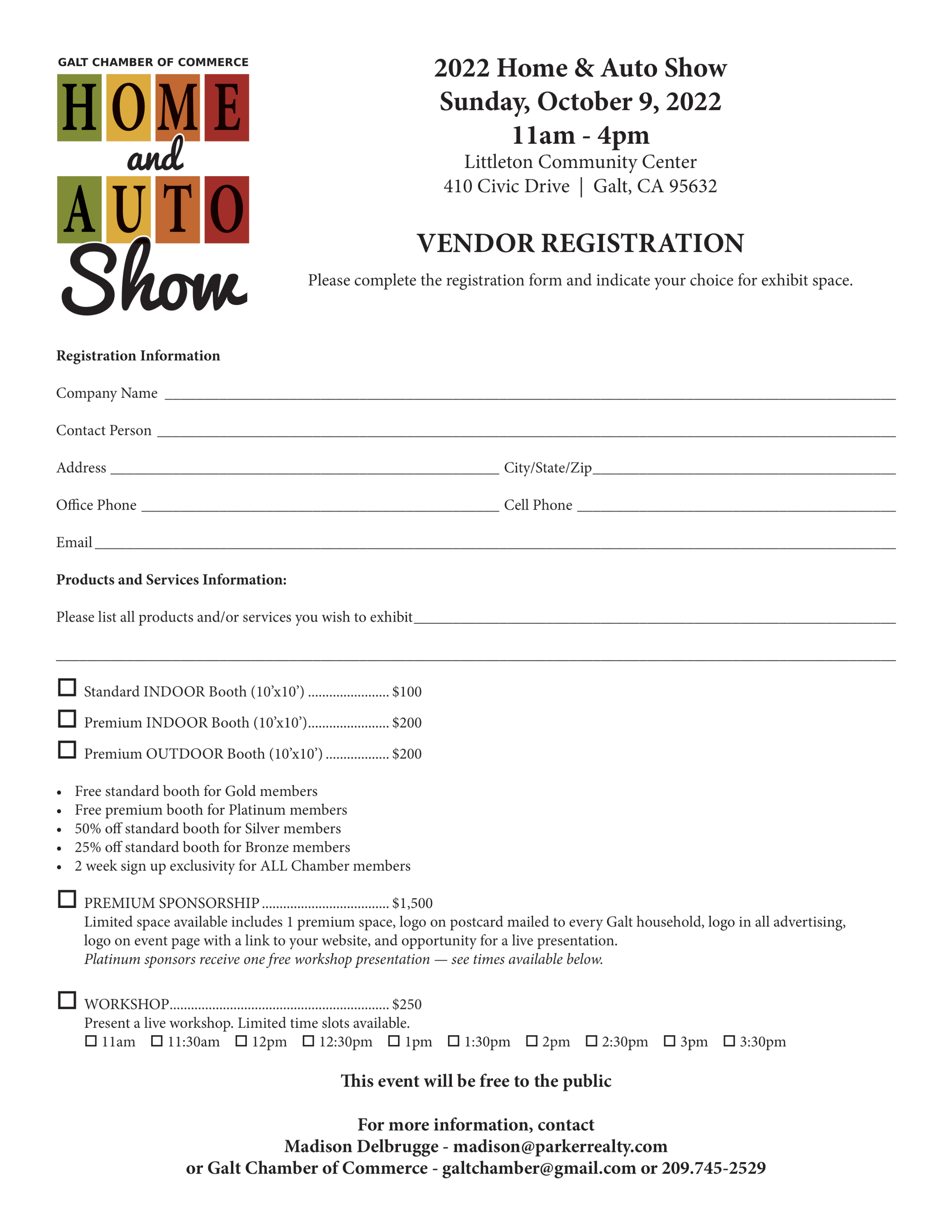 1st Annual Home & Auto Show Sponsor/Vendor Registration form, 10/09/2022, 11 am to 4 pm.