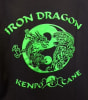 Iron Dragon Kenpo Cane logo, black background with green letters, dragon, tiger & ying yang sign