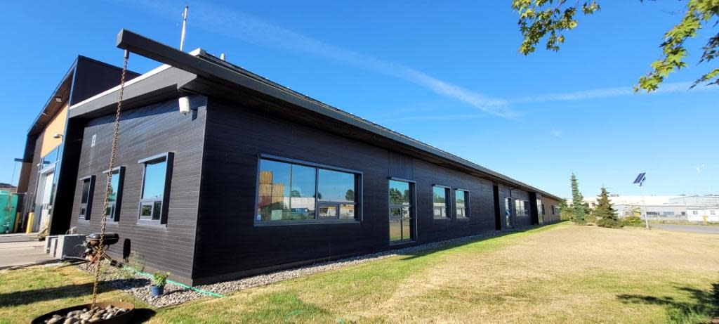Annacis Research Centre Exterior Corner of Research hall and Street Side landscape