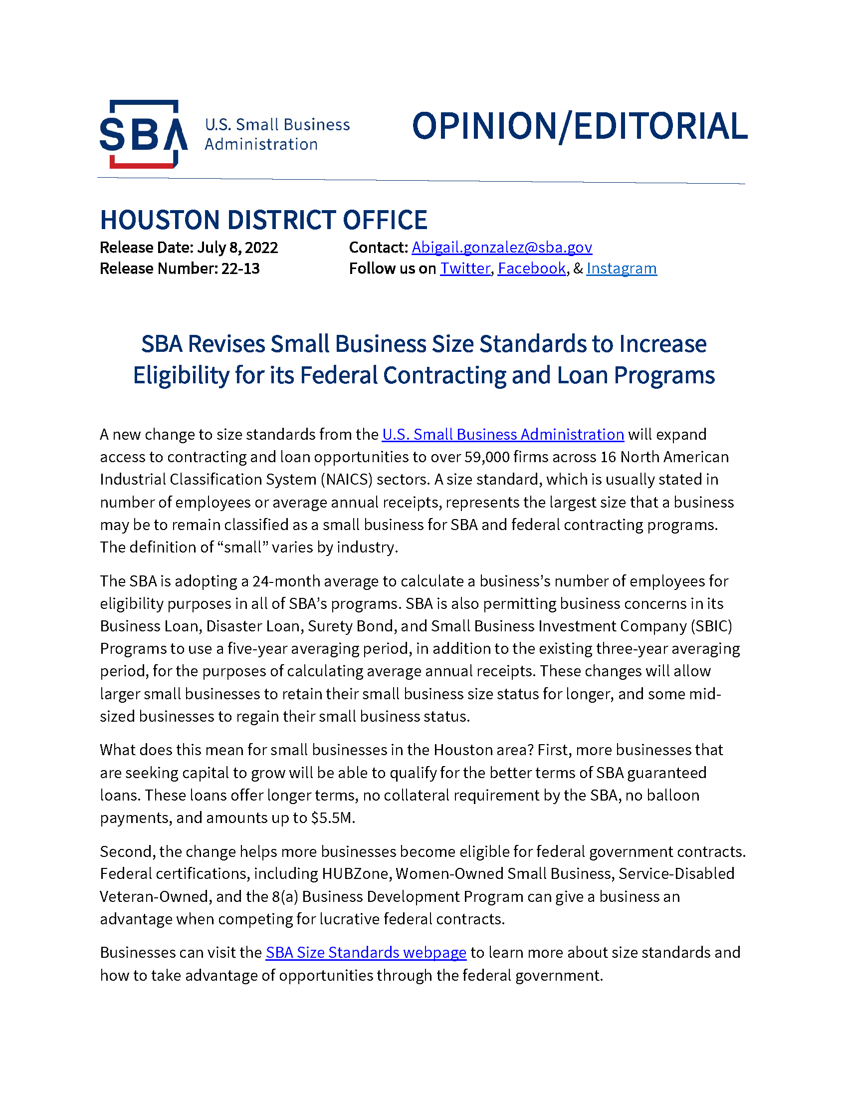 SBA Size Standards Greater Houston LGBTQ+ Chamber of Commerce