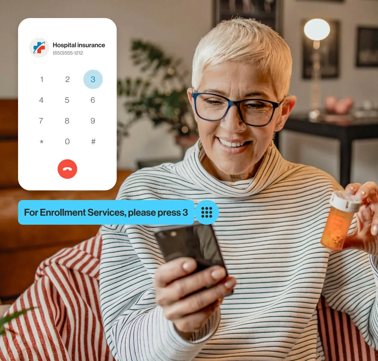 A woman holding a bottle of pills dials the hospital insurance number powered by RingCentral