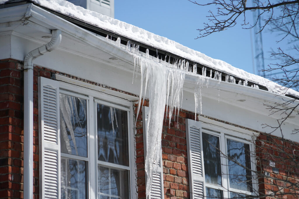 Eavestrough bending due to build up of ice.