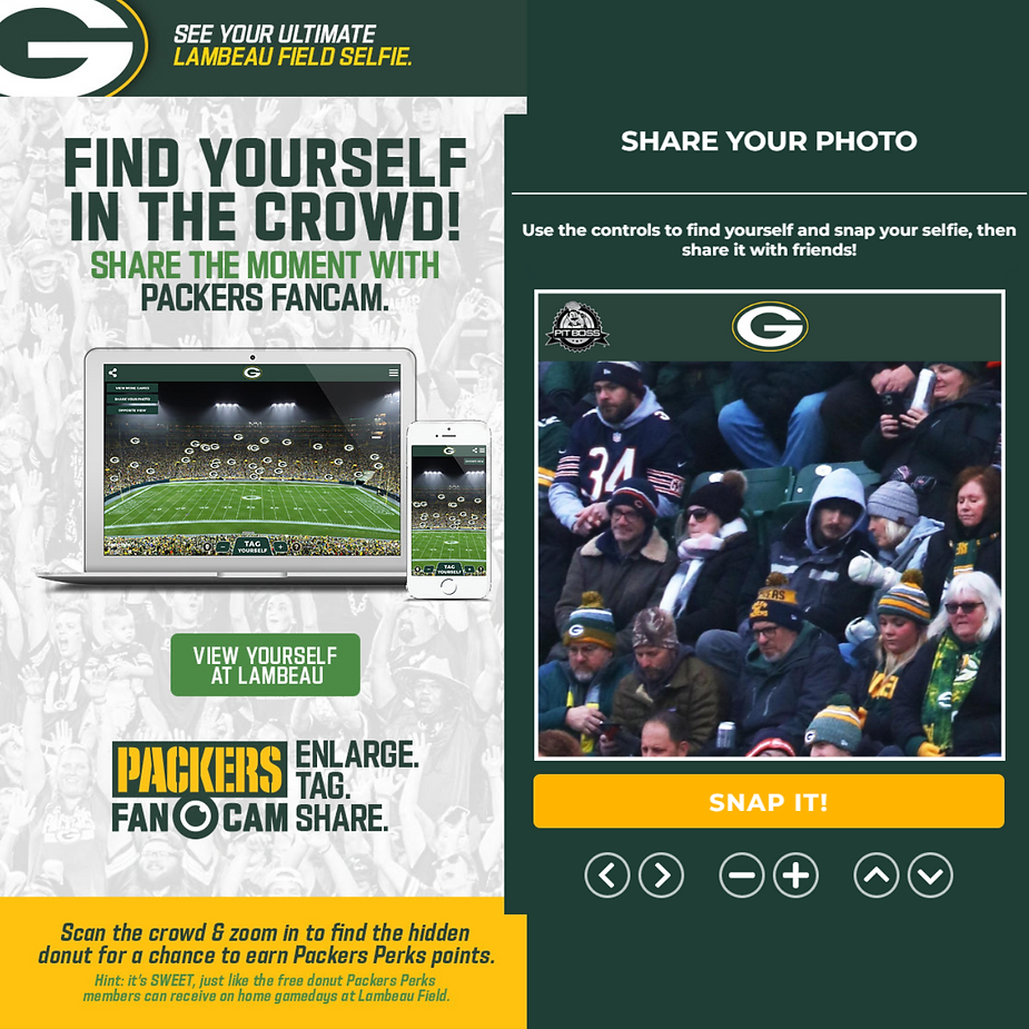 Green Bay Packers fan cam promotion featuring a crowd-finding app. Fans in jerseys in stadium seats. Text: "Find Yourself in the Crowd!"