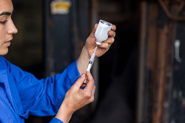 A female farmer preparing a medical injection