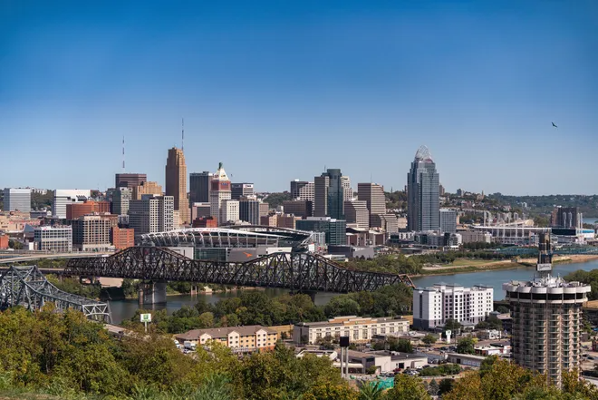The Cincinnati Skyline, as seen from Devou Park, on Monday, Sept. 9, 2024.