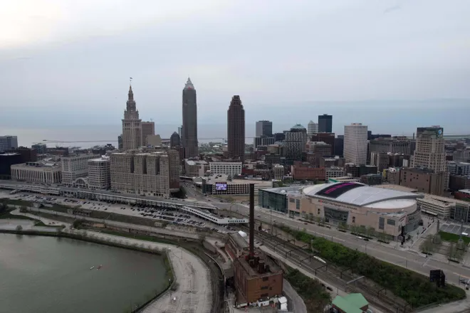 Apr 28, 2021; Cleveland, Ohio, USA; A general aerial view of the downtown skyline and Rocket Mortgage FieldHouse prior to the 2021 NFL Draft. Mandatory Credit: Kirby Lee-USA TODAY Sports