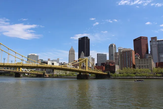A view of the Pittsburgh skyline from the Three Rivers Trail, located along the city