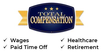 A badge labeled "Total Compensation" with checkmarks for Wages, Paid Time Off, Healthcare, and Retirement.