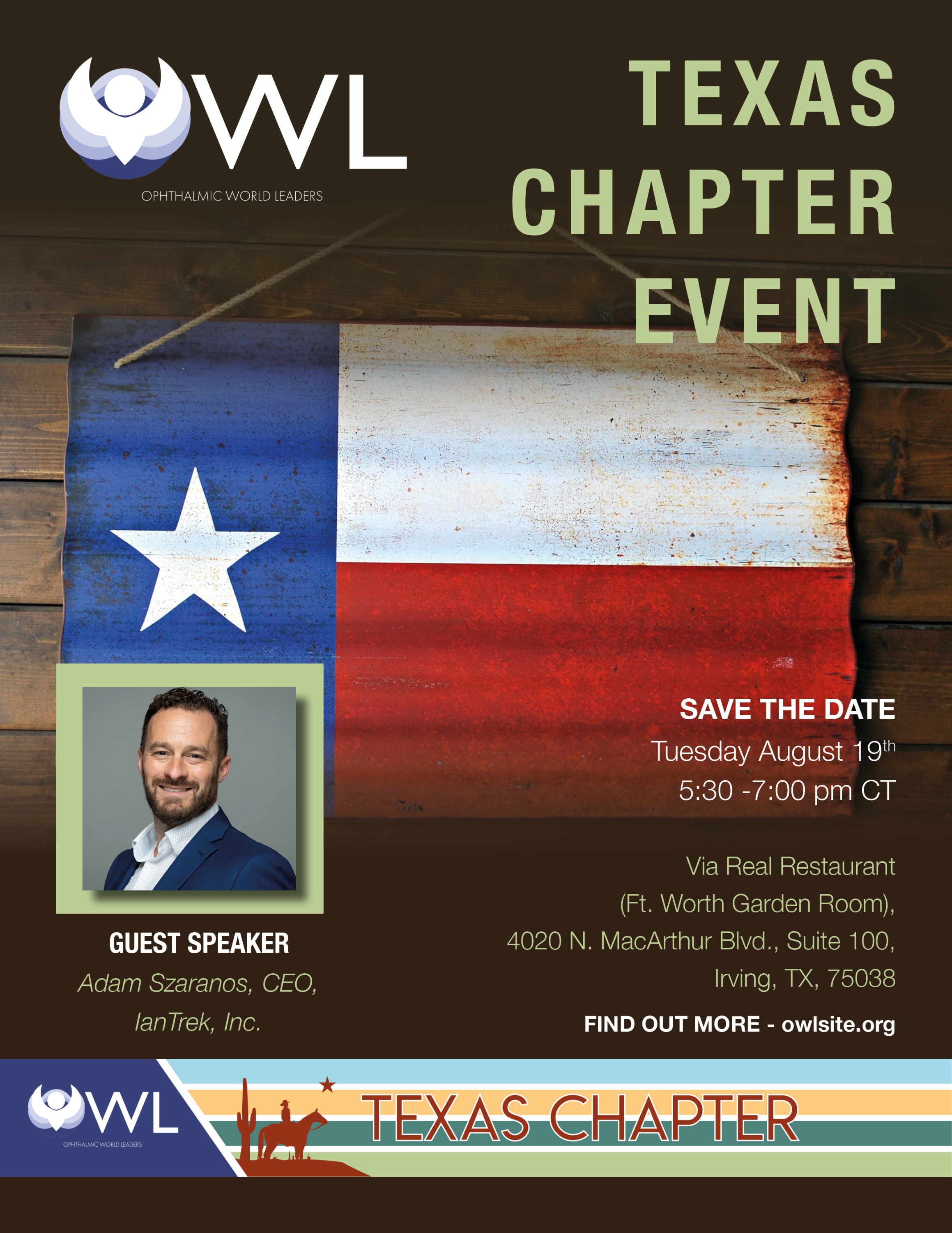 Join us for the OWL Texas Chapter Event on Tue, August 19, 2025; 5:30 PM - 7:30 PM CDT; Location: VIA Real Restaurant (Ft. Worth Garden Room). Thank you to our Partners for your support of OWL! 