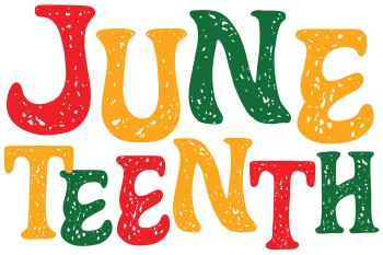 Red, yellow, and green letters spelling Juneteenth