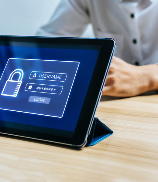 Register. digital mobile tablet with login page interface on desk with employee in meeting room office, cyber internet security, social network, mail, digital marketing, connection technology concept