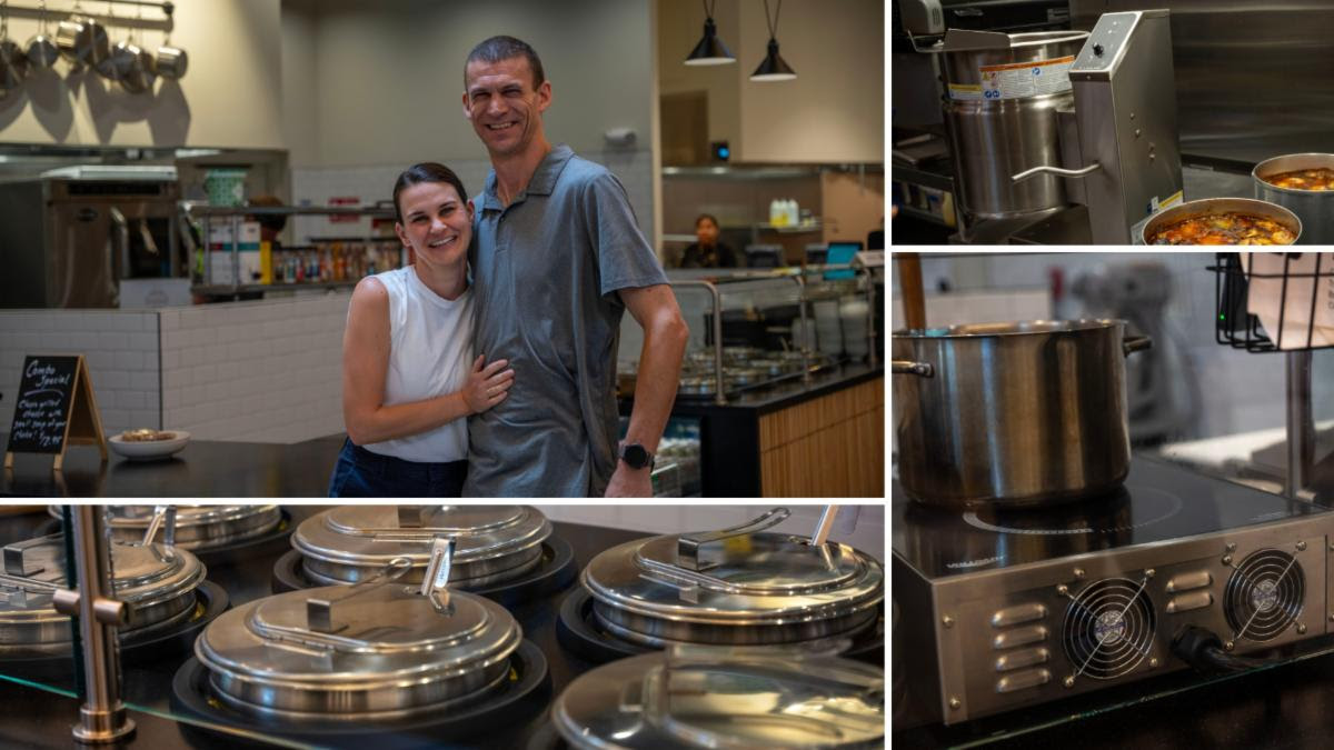 Grant and Emily Smith in a collage of electric cooking equipment at SoupSmith