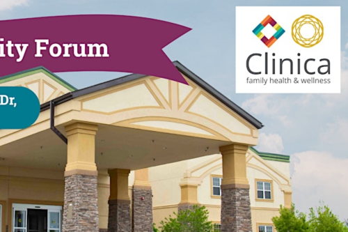 exterior of new clinica facility with clinica logo