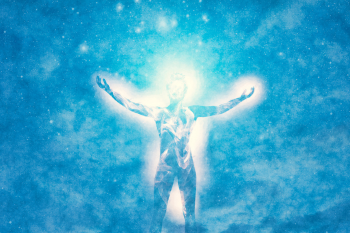 A silhouetted figure stands with arms outstretched against a vibrant blue, emitting a glowing light, evoking a sense of cosmic energy.
