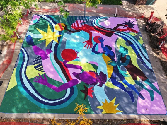 aerial view of new basketball court mural