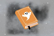 Illustration of orange book with white ghost figure on cover spooky stories