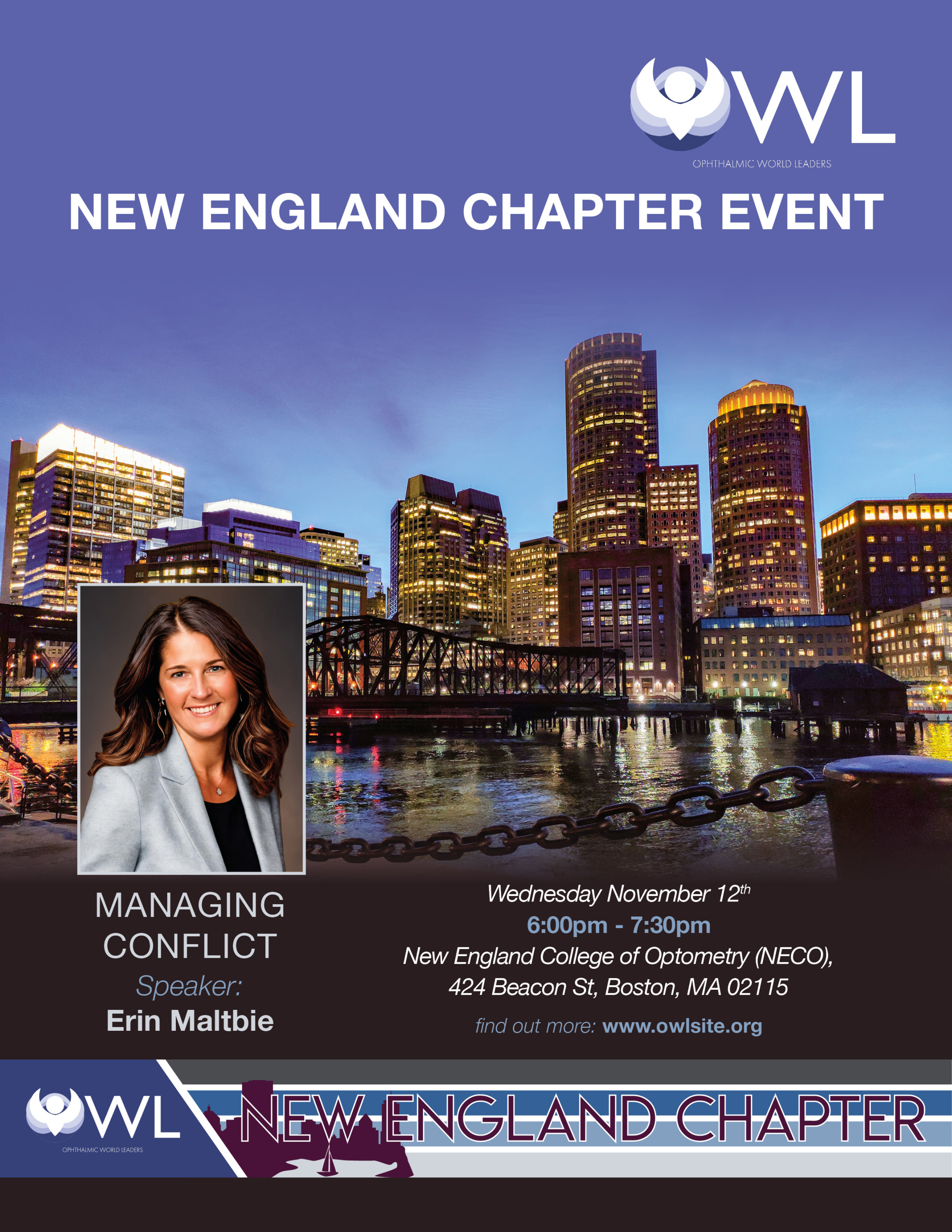 New England Chapter Event: "Managing Conflict" w/ Erin Maltbie; 6 PM @ New England College of Optometry in Boston. Register today!