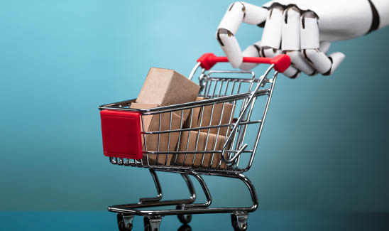 robotic hand pushing mini digital shopping cart