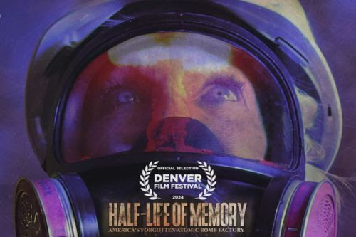 Movie poster for Half Life of Memory, shows a woman with a hazmat mask on.