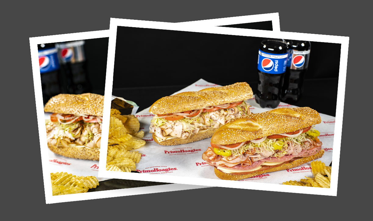 Primo size hoagies with chips and a beverage