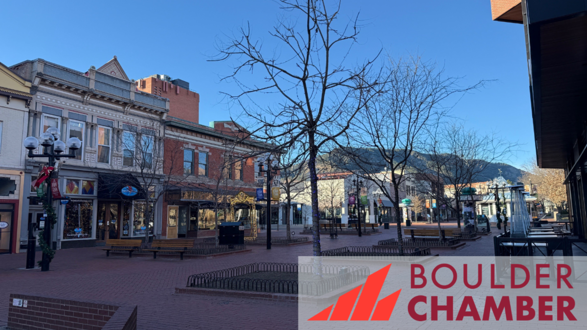 A winter image of the Pearl Street Mall in Boulder with the Boulder Chamber logo in the bottom right corner.
