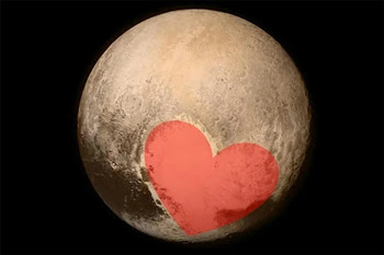 An image of the moon in the night sky, over which is superimposed a semitransparent red heart shape