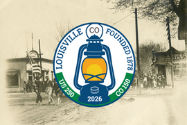 Louisville sesquisemiquincentennial logo with 1916 photograph of a Louisville parade in background
